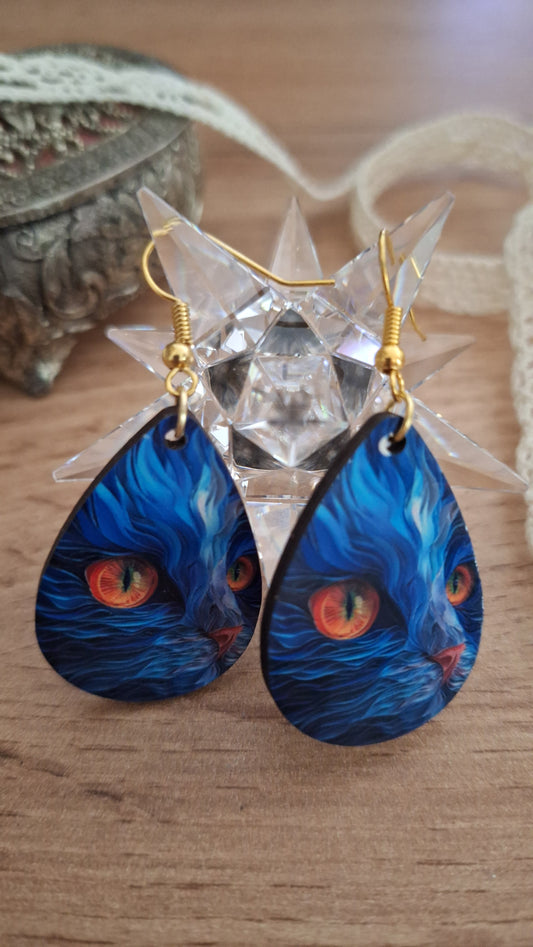 Boucles d’oreilles Chat Mystique – bois sublimé double face